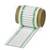 Rolka z białymi etykietami ozdobionymi zielonym obramowaniem. Etykiety są równomiernie rozmieszczone na całej rolce.