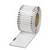 Rolka samoprzylepnych etykiet, białych z perforowanymi liniami, ułożonych w sposób ułatwiający ich oddzielanie.