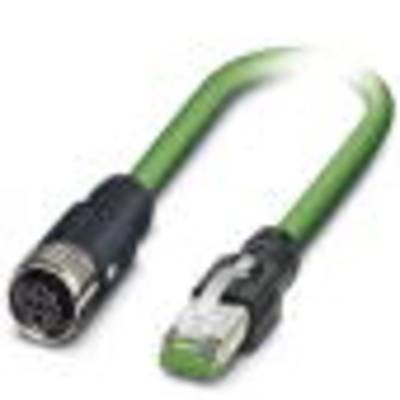 Przemysłowy kabel z okrągłym wielostykowym wtykiem po jednej stronie i wtykiem Ethernet po drugiej stronie, pokryty zieloną izolacją.