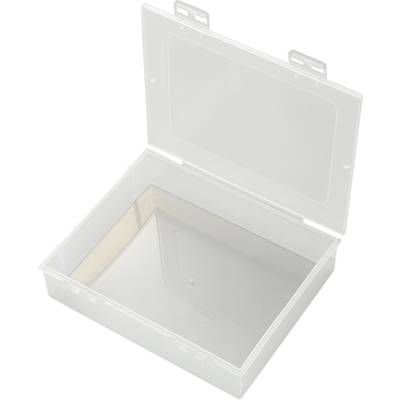 Przezroczyste, otwierane pudełko z tworzywa sztucznego z klapowym zamknięciem. Idealne do przechowywania małych przedmiotów lub organizacji materiałów.