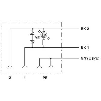 Schemat elektryczny z trzema przewodami: BK 2, BK 1 oraz GNYE (PE), połączonymi symbolami diody, lampki (YE) oraz uziemienia.
