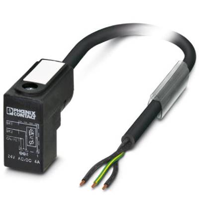 Czarny element elektroniczny z przewodem. Napis 'PHOENIX CONTACT'. Odpowiedni dla 24V AC/DC, 4A. Przewód posiada trzy kolorowe żyły.