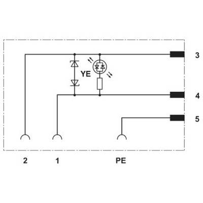 Schemat elektryczny obwodu z diodą i lampą. Zaciski są ponumerowane: 2, 1, PE, 3, 4, 5. Lampa oznaczona symbolem 'YE'.