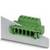 Zielony, prostokątny złącz elektryczny na szarym tle. Posiada kilka wejść i jest stosowany do połączeń elektrycznych.