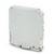 Białą, kwadratową obudowę elektryczną, prawdopodobnie przeznaczoną do użytku na zewnątrz. Posiada gładkie krawędzie i punkty mocowania.