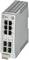 Przemysłowy switch Ethernet z wieloma portami RJ45 i SFP do połączeń sieciowych; do montażu na szynie DIN, w szarym obudowie.