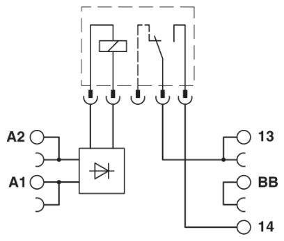 Schemat elektryczny przekaźnika elektrycznego, przedstawiający zaciski A1 i A2, połączenia z stykami 13, 14 i BB oraz wewnętrzną diodę.