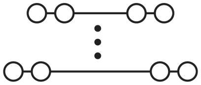 Diagram z dwoma równoległymi liniami poziomymi, z czterema połączonymi kołami na każdej linii. Między liniami znajdują się pionowe punkty.