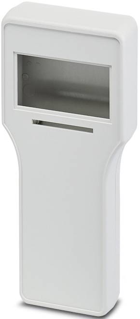 Białe urządzenie elektroniczne z prostokątnym ekranem i szczelin± poniżej, prawdopodobnie przeznaczone do wyświetlania lub wprowadzania danych.