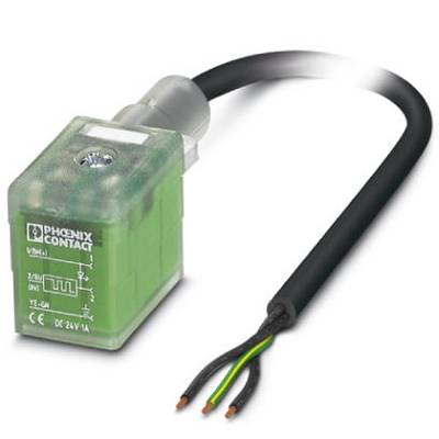 Prostokątna, zielona wtyczka elektryczna firmy Phoenix Contact z trzema odkrytymi końcówkami przewodów.