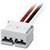 Złącze elektryczne z przewodami w kolorach czerwonym, białym i czarnym. Stosowane do połączeń elektrycznych w zastosowaniach technicznych.