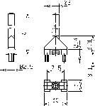 Rysunek techniczny: Widok trzystronny elementu z wymiarami. Góra: Widok z boku. Środek: Widok z przodu. Dół: Widok z góry. Wymiary w milimetrach.