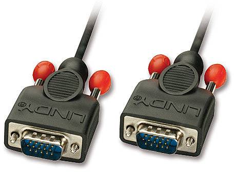 Dwa wtyki VGA z czarnymi kablami i czerwonymi śrubami mocującymi, oznaczone napisem 'LINDY'. Służą do przesyłania sygnału wideo.