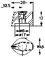 Rysunek techniczny elementu z dokładnymi wymiarami: szerokość 26 mm, wysokość 17 mm, średnica otworu 6 mm oraz głębokość 17 mm.