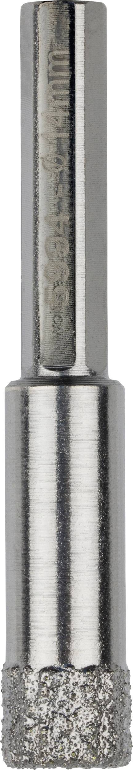 Wiertło pokryte diamentem, odpowiednie do precyzyjnego wiercenia w twardych materiałach, takich jak płytki ceramiczne i szkło. Cylindryczny kształt z żebrowanym trzpieniem.