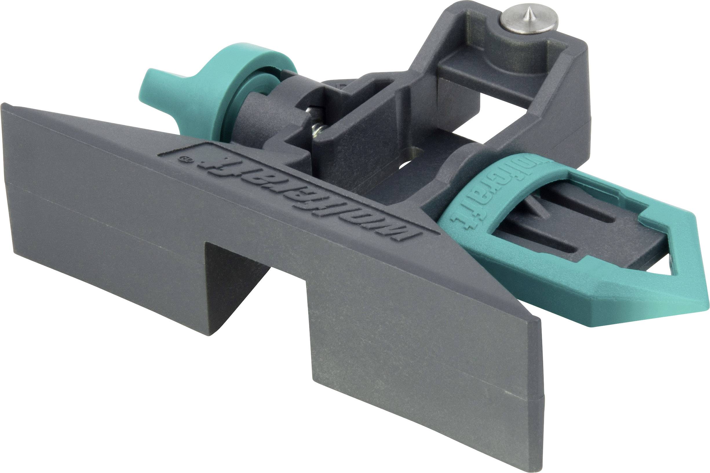 Szare i turkusowe narzędzie do precyzyjnego dostosowania z podziałką pomiarową. Służy do dokładnego ustawienia ramienia gramofonowego.