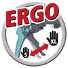 Logo 'ERGO' z obrazem ergonomicznego narzędzia, przedstawiającym regulowany uchwyt od rozmiaru S do XL, symbolizowany przez dłonie.