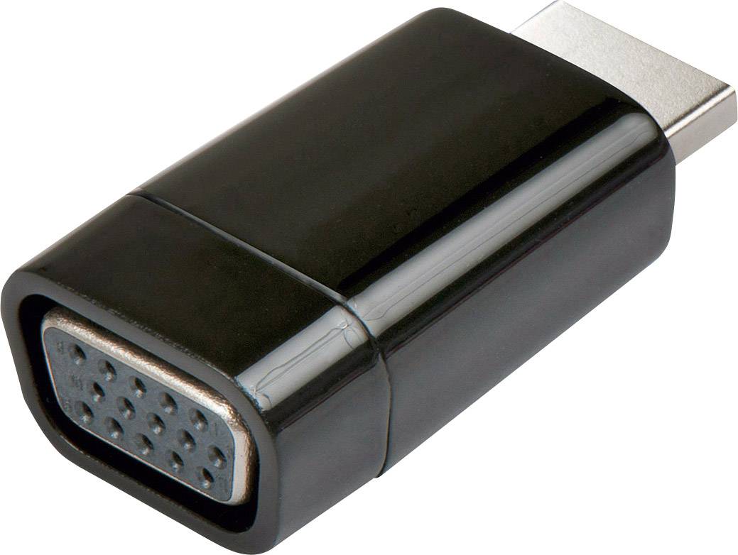 Czarny adapter HDMI do VGA z metalowymi złączami na obu końcach, przeznaczony do podłączania nowoczesnych laptopów do starszych monitorów.