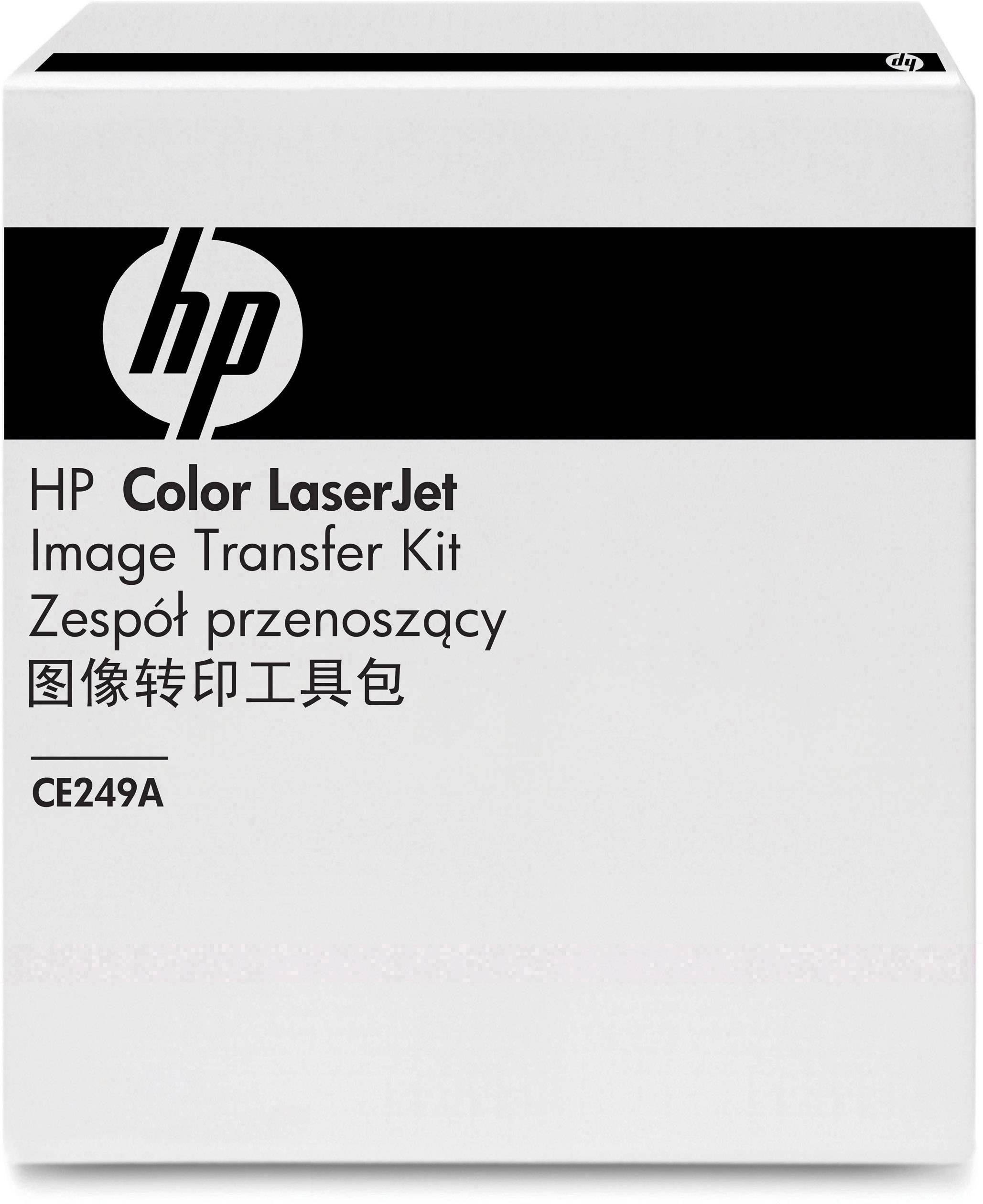 Kartonowe pudełko z napisem 'HP Color LaserJet Image Transfer Kit'. Zawiera dodatkowe opisy w kilku językach.