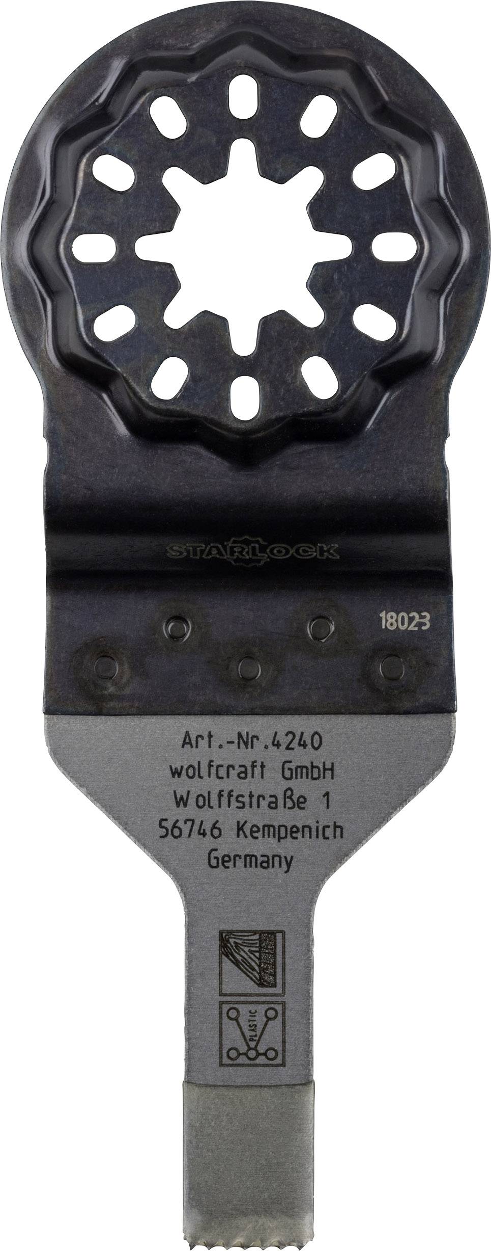 Dwumetalowe ostrze piły zanurzeniowej o kształcie koła zębatego, przystosowane do mocowania w systemie Starlock. Dane producenta: Wolfcraft GmbH, Niemcy.