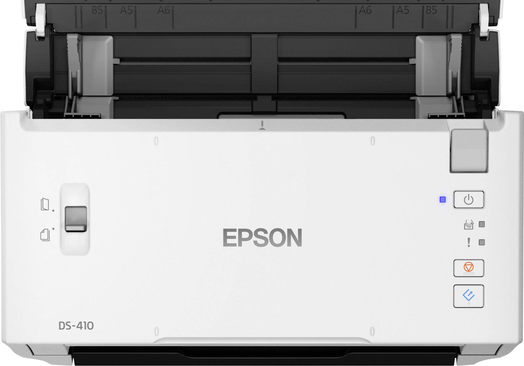 Skaner Epson DS-410 widziany z góry, otwarty. Skanuje dokumenty; odpowiedni dla biur o dużej intensywności skanowania. Widoczne są czytelne elementy sterujące.