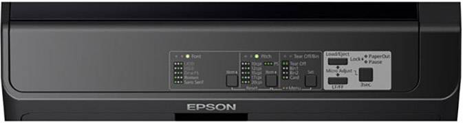 Panel sterujący drukarki z wieloma przyciskami i wskaźnikami LED. Nazwa marki 'Epson'. Przyciski do funkcji takich jak 'Pauza' i 'Ustawienie rolki'.