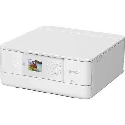 Biały drukarka Epson z kolorowym wyświetlaczem, która wyświetla obraz natury. Obok wyświetlacza znajdują się przyciski sterujące do ustawień i nawigacji.