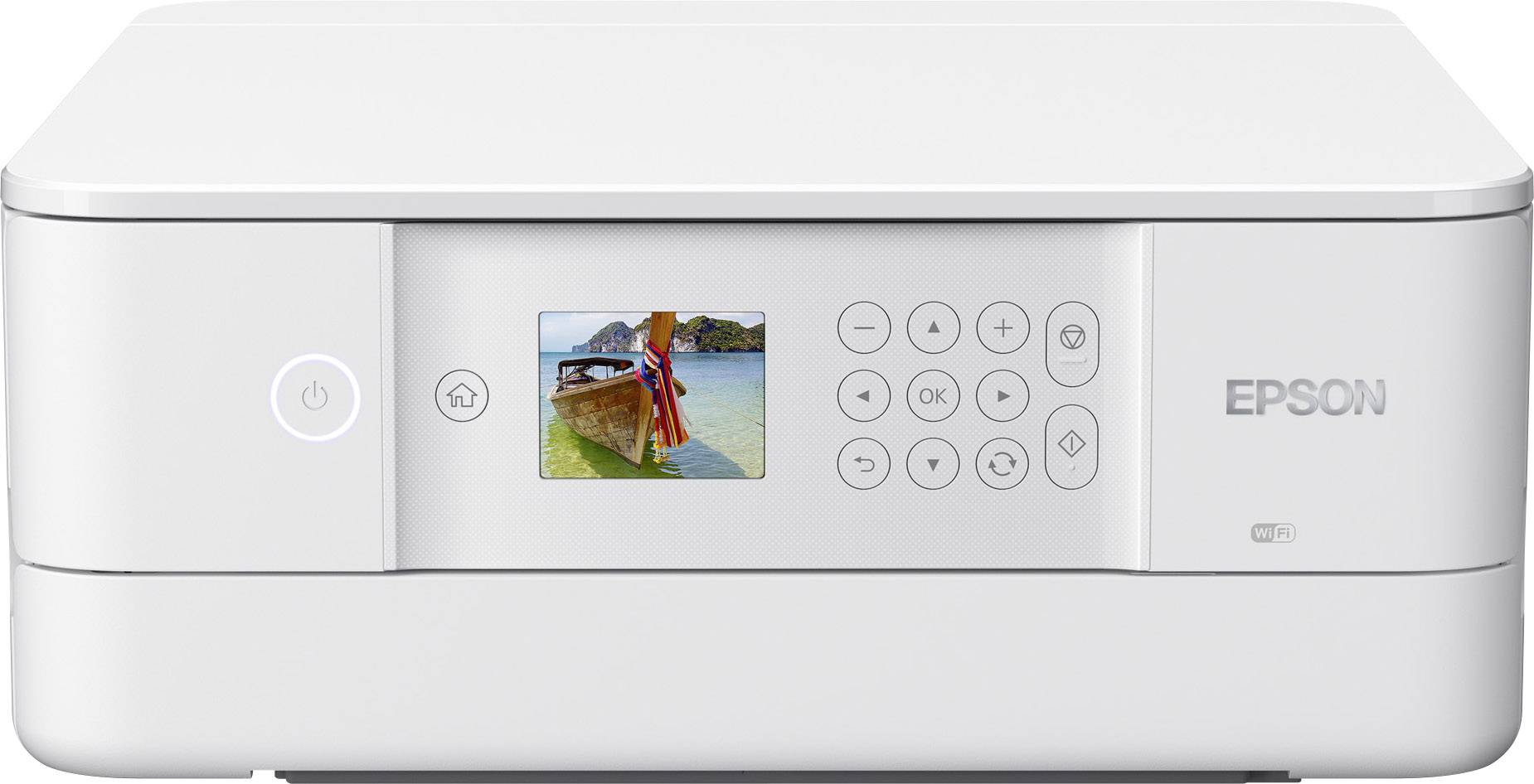 Biały drukarka z wyświetlaczem LCD, prezentujący obraz łodzi na jeziorze. Panel sterowania z przyciskami znajduje się po prawej stronie ekranu.