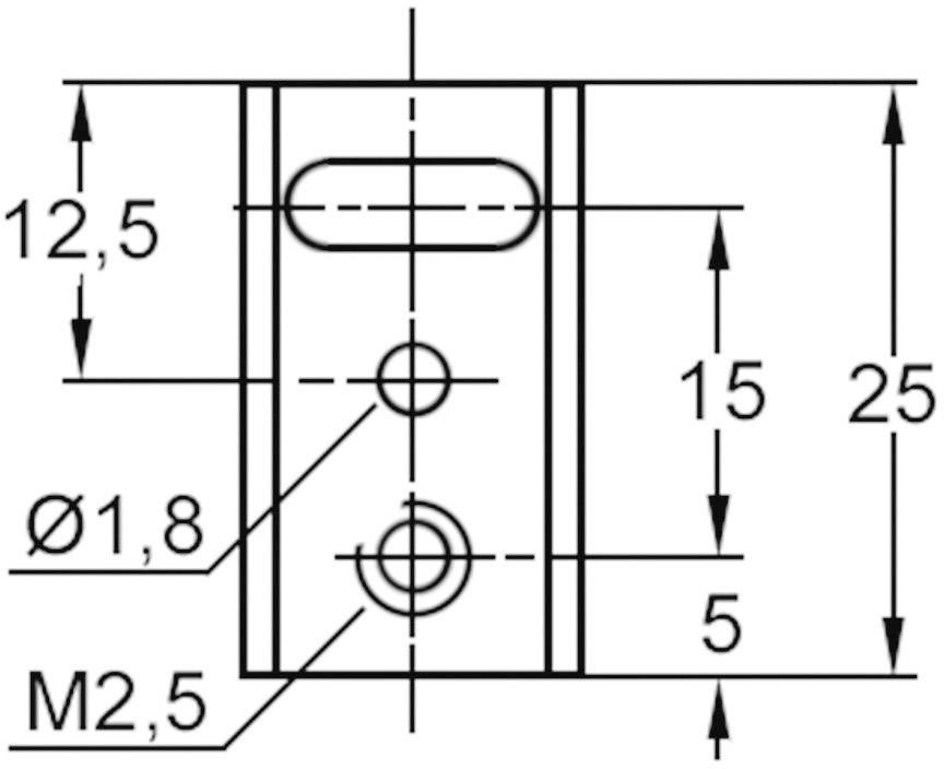 Rysunek techniczny elementu z wymiarami: wysokość całkowita 25 mm, szerokość 12,5 mm, dwa otwory (Ø1,8 mm i M2,5).