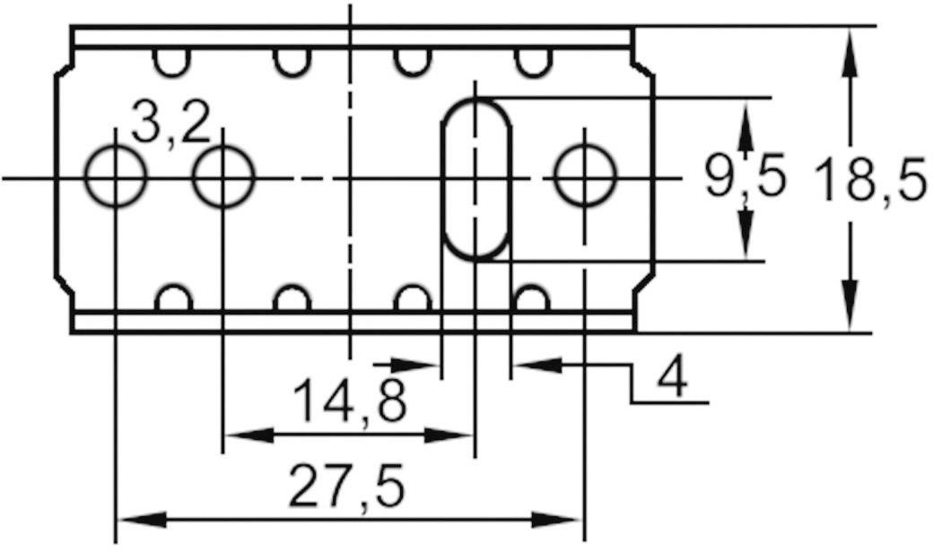 Rysunek techniczny elementu z otworami i wymiarami w milimetrach. Wymiary: 3,2, 4, 9,5, 14,8, 18,5, 27,5.