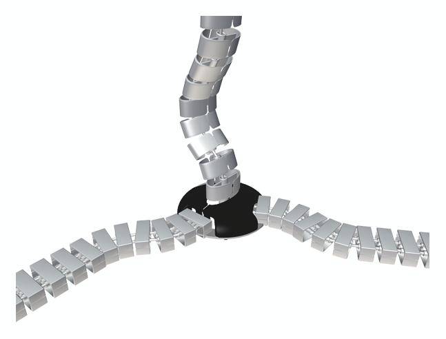 Stylizowane przedstawienie srebrnego zamka błyskawicznego, skręconego i ułożonego spiralnie, z czarnym, okrągłym centrum.