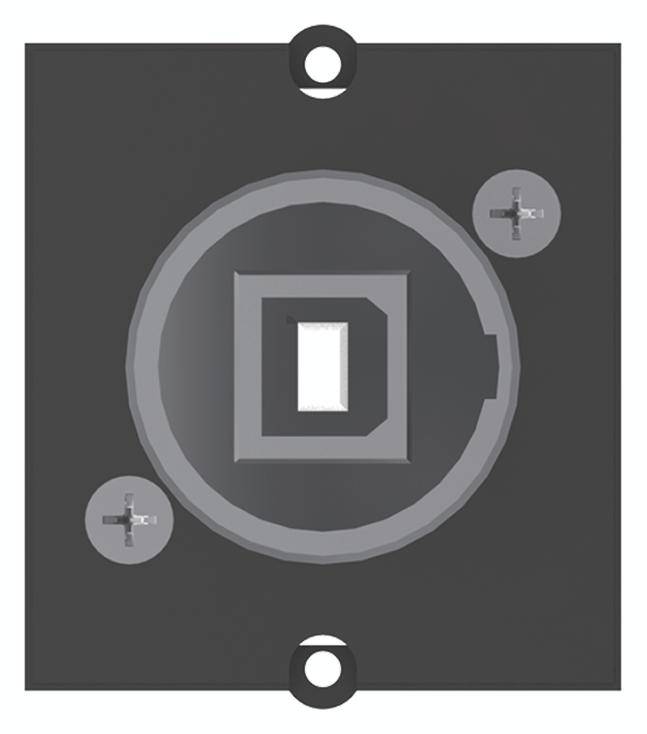 Szary okrąg z kwadratowym symbolem pośrodku, flanowany przez dwie mniejsze śruby w prawym górnym i lewym dolnym rogu.