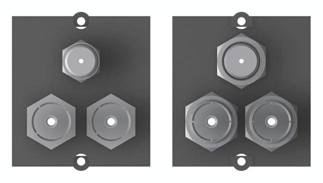 Dwie szare płyty, każda z trzema nakrętkami. Lewa ma małą gałkę na górze, prawa większą.