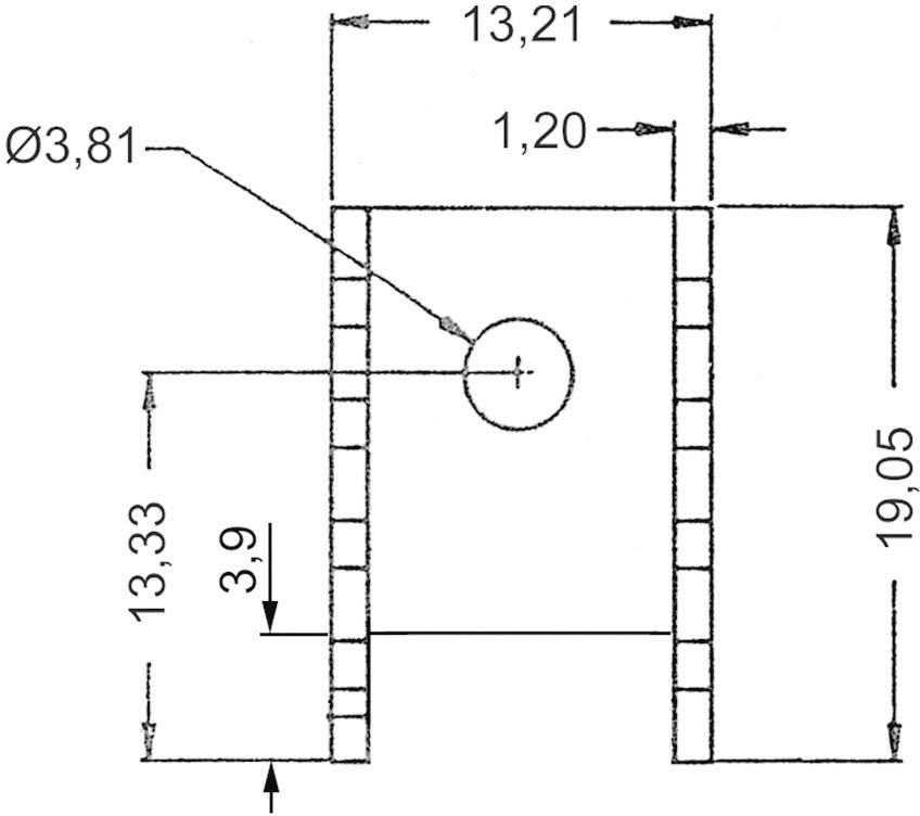 Rysunek techniczny elementu z wymiarami: szerokość 13,21 mm, wysokość 19,05 mm, średnica wewnętrzna 3,81 mm, średnica otworu 1,20 mm.