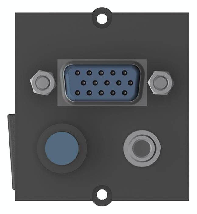 Prostokątny czarny moduł z niebieskim złączem VGA na górze, dwiema śrubami, dużym niebieskim przyciskiem i mniejszym szarym przyciskiem na dole.