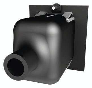 Czarny, kwadratowy pochłaniacz dźwięku do instalacji wentylacyjnych, zamontowany na uchwycie ściennym.