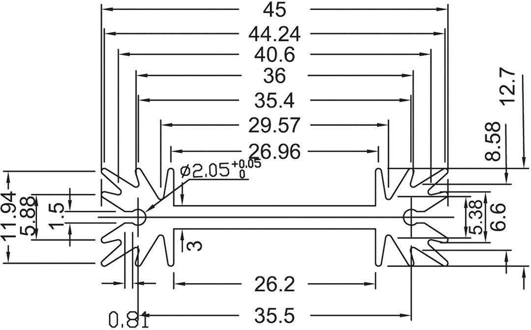 Rysunek techniczny profilu z wymiarami podłużnymi i poprzecznymi. Główne wymiary to 45, 35,4, 26,2 oraz 35,5.