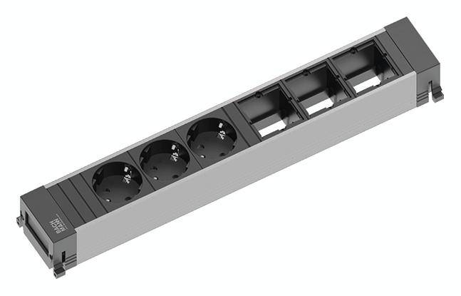 Listwa zasilająca z dwoma gniazdkami Schuko i czterema pustymi modułami, przeznaczona do modułowych instalacji elektrycznych.