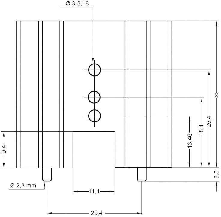 Rysunek techniczny elementu z wymiarami. Pokazuje otwory o średnicy Ø 3,18 mm i Ø 2,3 mm. Całkowita długość 25,4 mm, szerokość 11,1 mm.