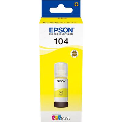 Butelka z tuszem Epson 104 w kolorze żółtym, przeznaczona do drukarek EcoTank. Opakowanie z logo marki, zdjęciem produktu i oznaczeniem koloru.