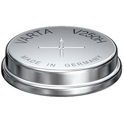 Okrągła bateria srebrowa z napisem 'VARTA V250H' oraz 'MADE IN GERMANY'.