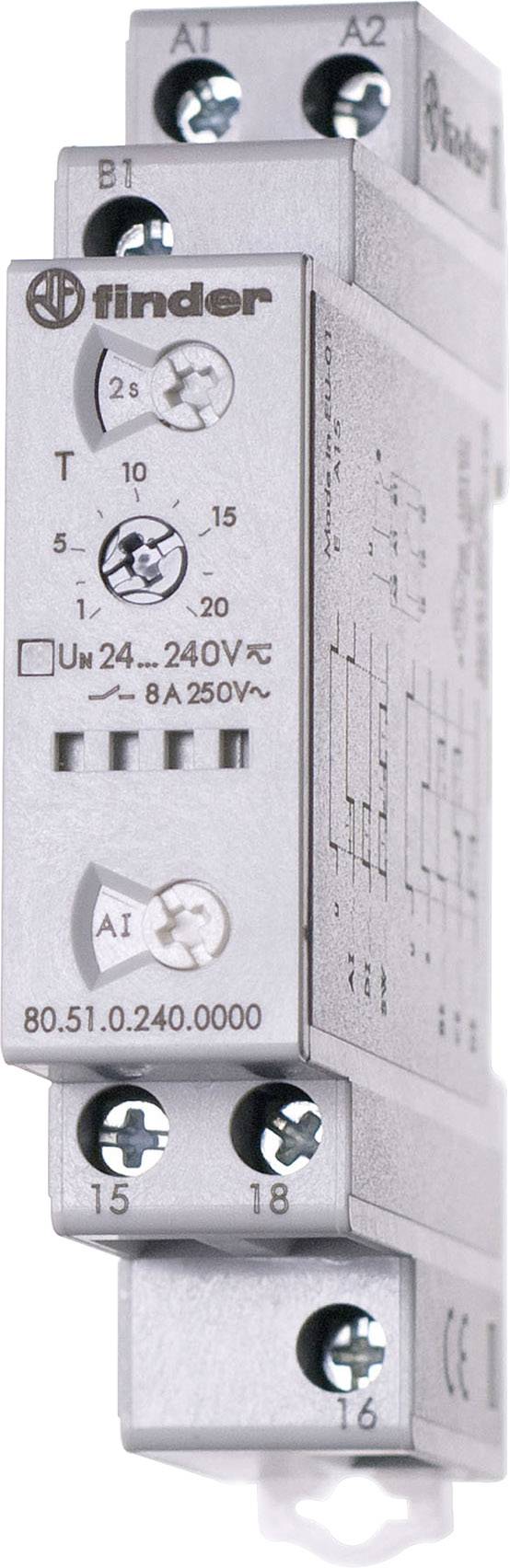 Przekaźnik czasowy Finder z regulowanym czasem opóźnienia (0,1-20s), przeznaczony do elektrycznych systemów sterowania, zasilany napięciem 24-240V AC/DC, o obciążalności 8A przy 250V.
