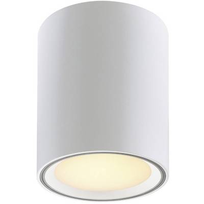 Biała, cylindryczna lampa sufitowa, emitująca ciepłe światło. Prosta, nowoczesna lampa do oświetlenia pomieszczenia.