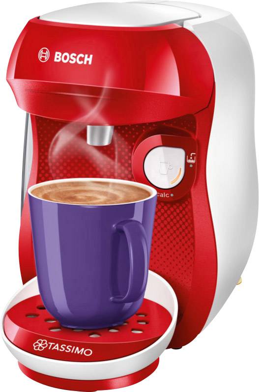 Czerwony ekspres do kawy Bosch z parującą filiżanką na podstawce ociekowej. Odpowiedni do kapsułek Tassimo.