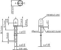 Rysunek techniczny diody LED: przedstawia wymiary oraz szczegóły takie jak soczewka paraboliczna i obszar styku. Istotne dla specyfikacji technicznych.