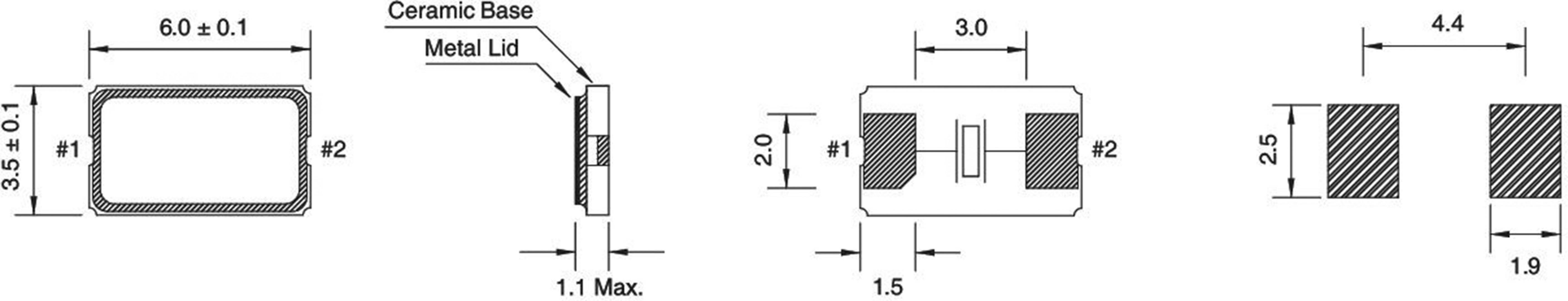 Schemat elektrycznego elementu z wymiarami: 8,0 x 3,5 x 1,1 mm. Widok z boku przedstawia ceramiczną podstawę, metalową pokrywę.