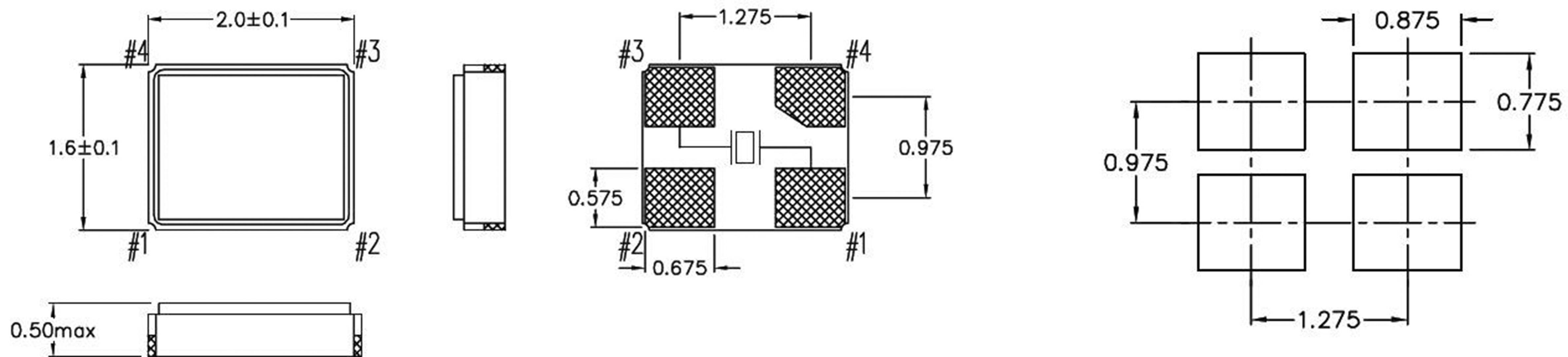 Rysunek techniczny elementu kwadratowego o wymiarach: 2,0x1,6 mm, wysokość 0,5 mm, z czterema powierzchniami styku oraz układem siatkowym.