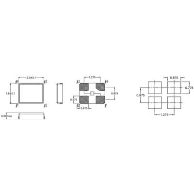 Rysunek techniczny elementu kwadratowego o wymiarach: 2,0x1,6 mm, wysokość 0,5 mm, z czterema powierzchniami styku oraz układem siatkowym.