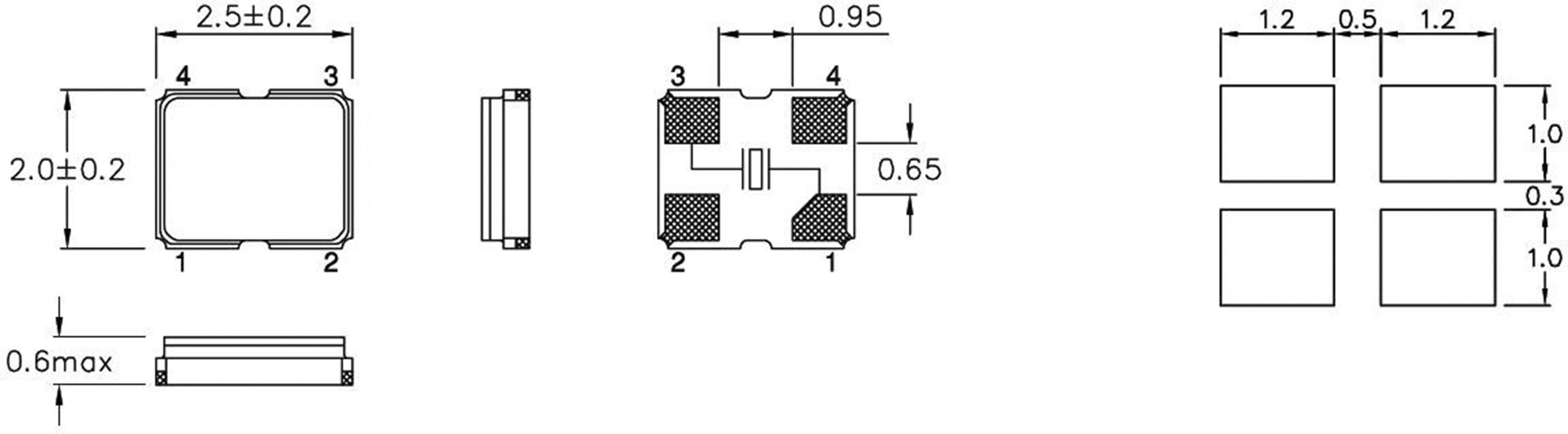 Wymiary prostokątnego elementu elektronicznego: 2,5x2,0x0,6 mm z przyłączami w narożnikach. Widok z góry i widok z boku.