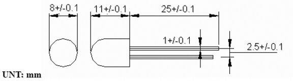 Rysunek techniczny układu komponentów LED z wymiarami w milimetrach: 8±0,1, 11±0,1, 25±0,1, 1±0,1, 2,5±0,1.